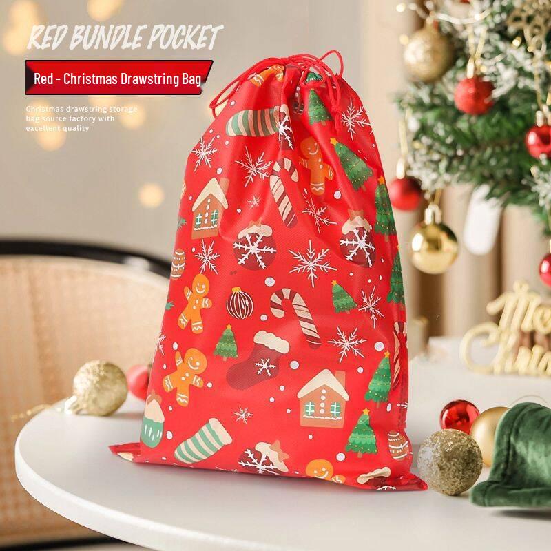 Christmas Eve Apple-Themed Non-Woven Drawstring Gift Bag for Candy and Small Gifts 30x40 cm