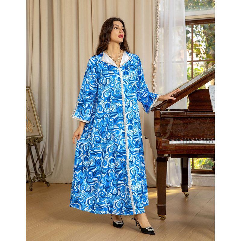 

2024 Индонезия Трансграничный Ближний Восток Одежда Женская Индонезия Юго-Восточная Азия Сине-белое Платье-халат со стразами Платья Blue 2XL