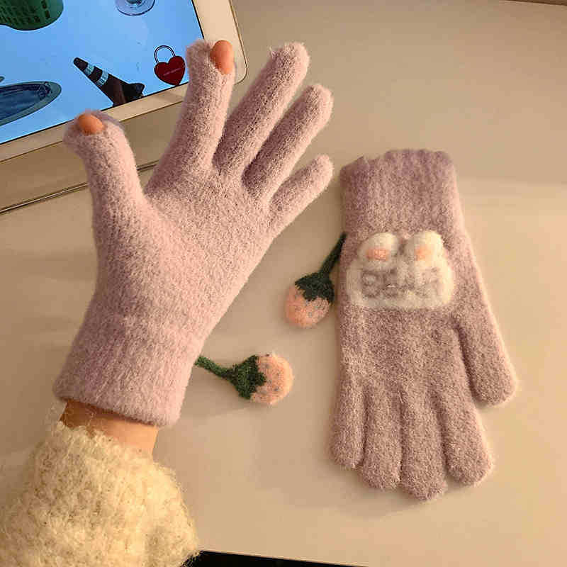 Five finger Gloves for Women In Autumn and Winter Knitted Thickened Velvet Warm Split Finger Cycling and Cold Protection New Style