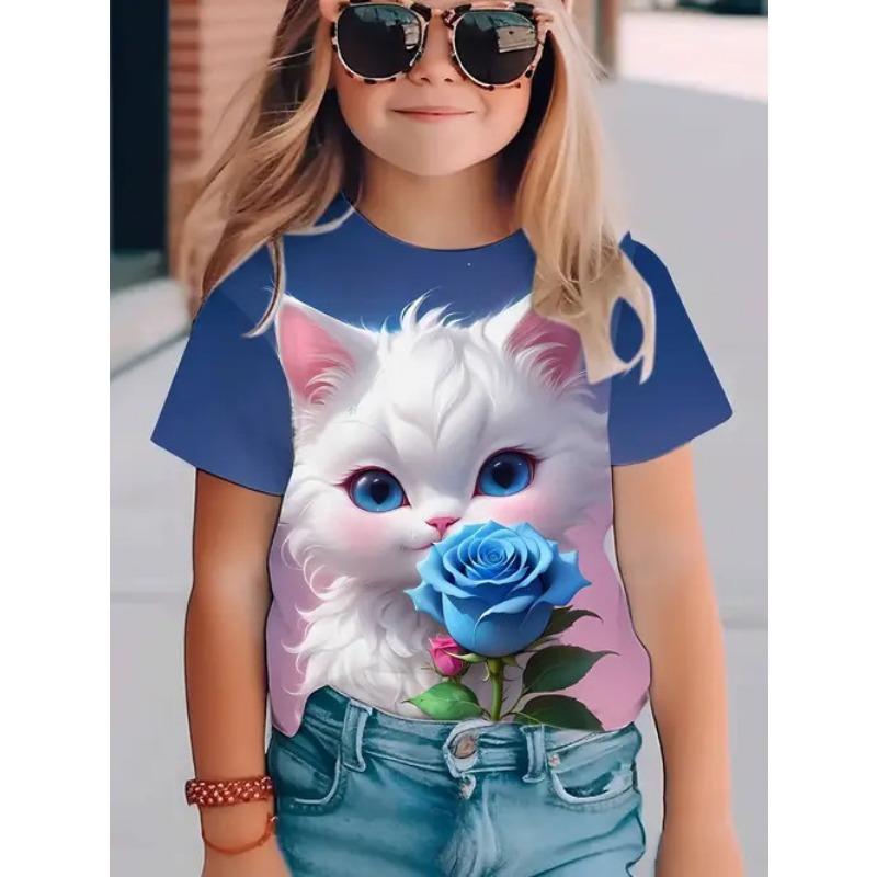 Summer Round Neck 3D Printed Top Fashionable Casual Short Sleeved Children's Girl T-shirts