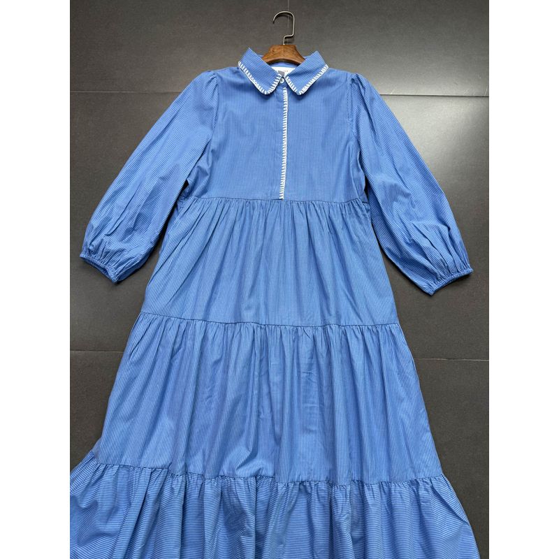 

Foreign Trade British Brand Retro Style Shirt Collar 3/4 Sleeve Blue Stripe A Word Swing Temperament Dress Large Dress Slightly defective S