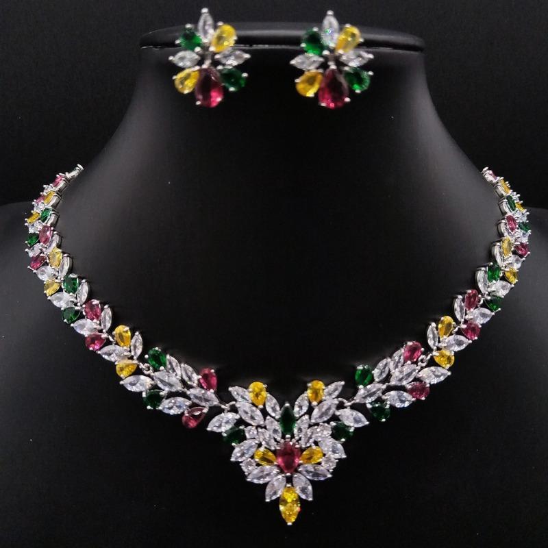 Zestaw Naszyjnik Kolczyki Cyrkon Ślubne Przyjęcie Weselne Suknia Ślubna Biżuteria Wysokiej Klasy Kwiaty