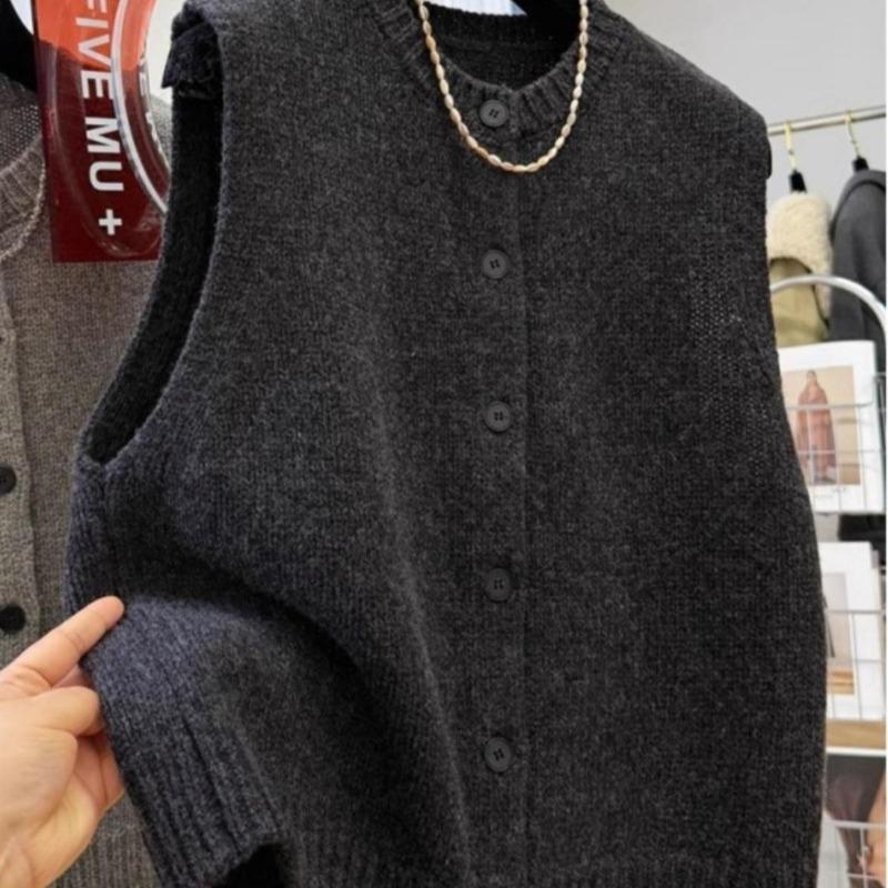 Women Sweater Vests Casual Loose Basics Solid Buttons Knitwear Sleeveless Female Bottom Sweater Vintage Simple Simple Tank