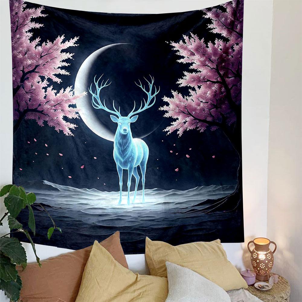 Glowing Deer Under Crescent Moon Scene Patterned Tapestry Decorative Wall Hanging, Home Bedroom Living Room Decor
