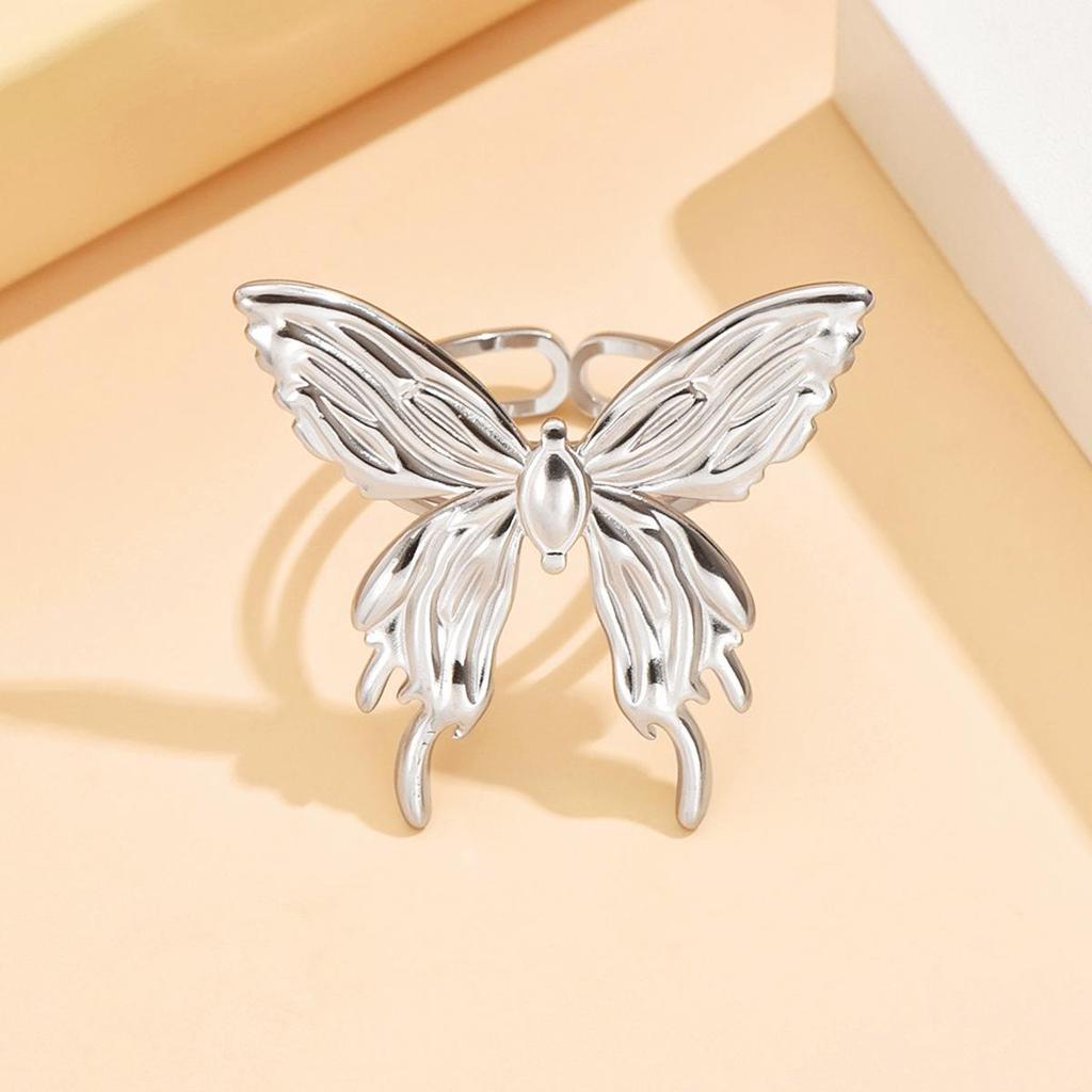 Adjustable Gold Butterfly Ring - Fresh Forest Texture & Versatile Design in Stainless Steel