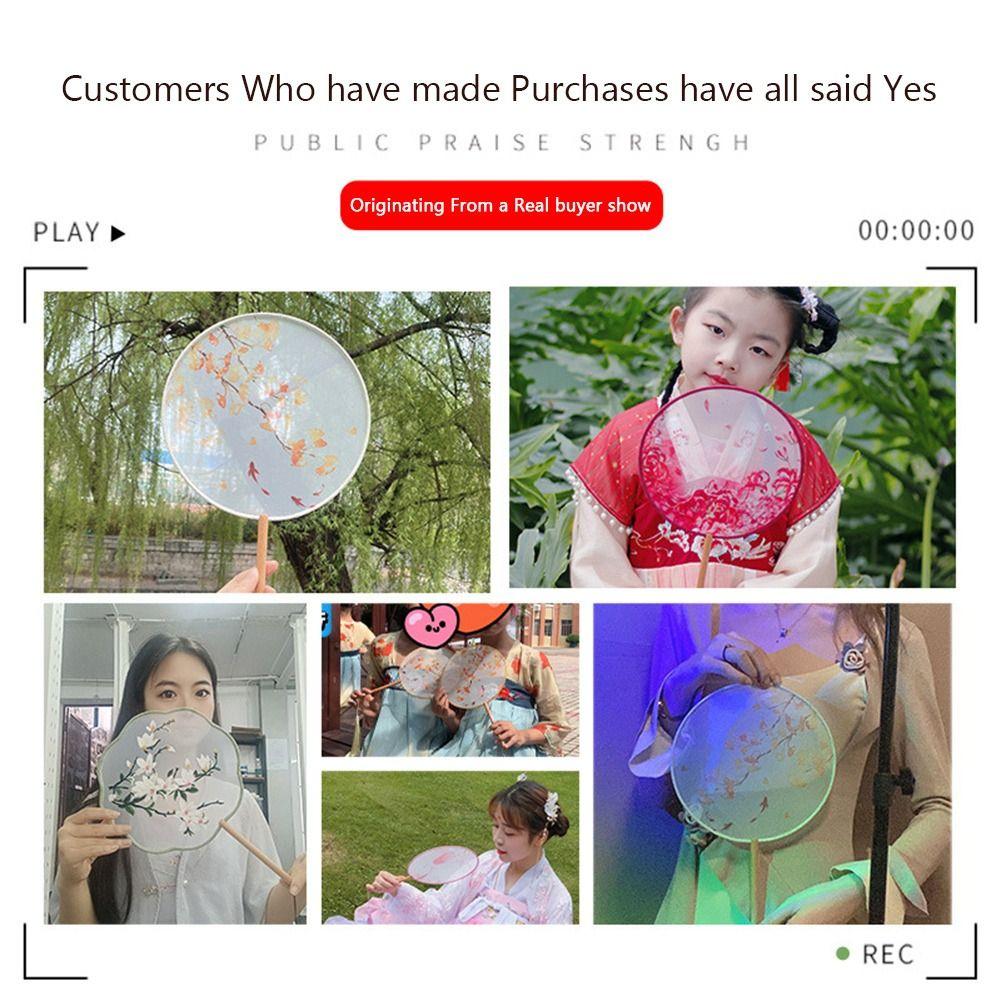 Half Transparent Round Hand Fan Long Handle Silk Fan Hanfu Embroidered Fan  Dance Performance