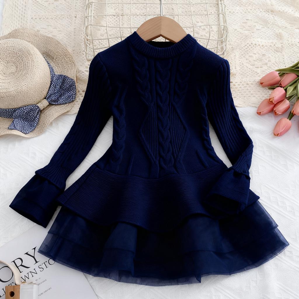 Girls' Fashion Long-Sleeved Shirt Collar Patchwork Tiered Skirt Colour Dress