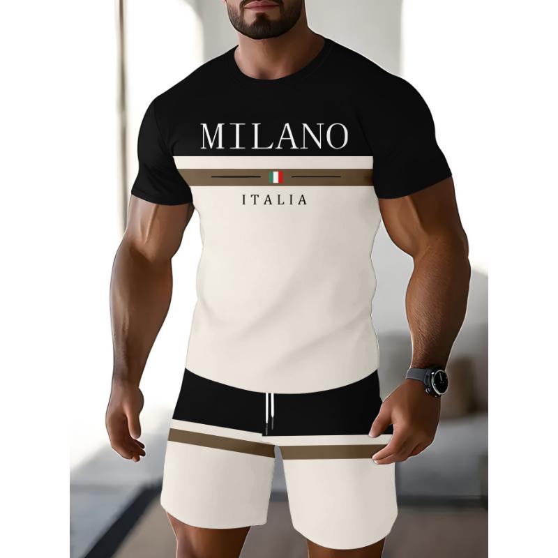 Men's Blue and Black Color-Blocked Suit T-Shirt with Geometric Line Print, Sporty and Trendy Two-Piece Set