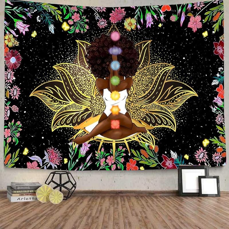 Ine Ive African Chakra Tapestry African American Woman Zen Meditation Tapestries 80x60 Inch Starry Sky Flower Garden Inspirational Afro Yoga Wall Art