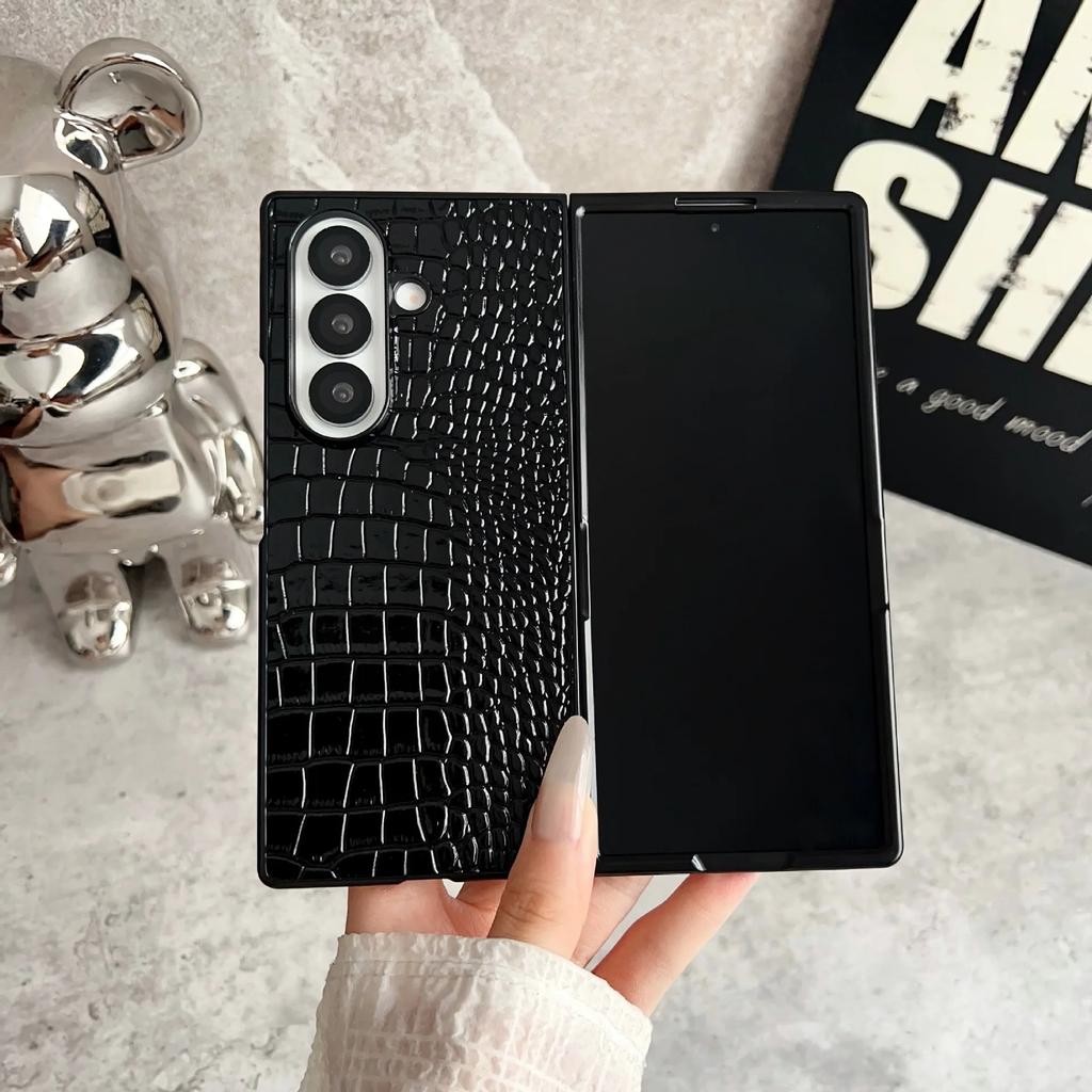 Classic Leather Pattern Phone Case For Samsung Galaxy Z Fold 7 Fold3 4 5 6 ZFlip 7 Black Hard PC Bumper Protective Cover Shell