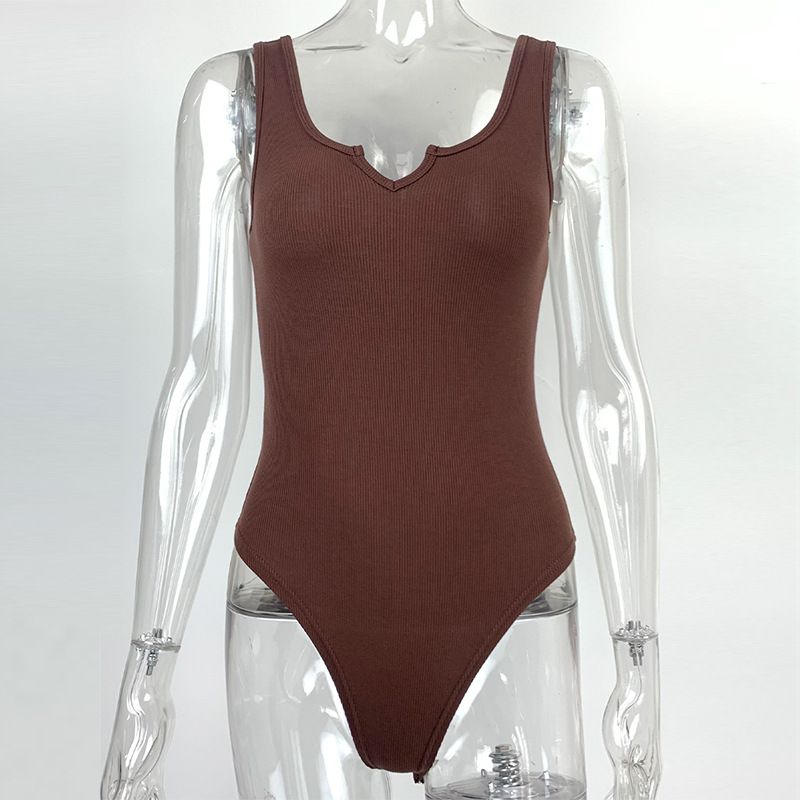 

Outfitgirl Athleisure Elastic Thread One-Piece Vest Silm Small V Neck Jumpsuit Bodysuit Coffee M