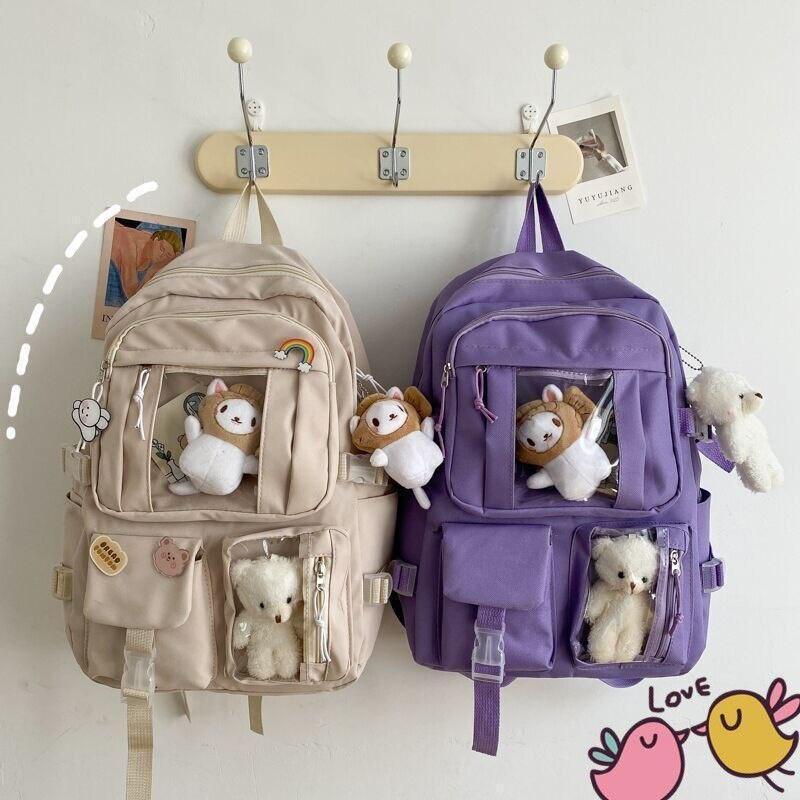 Backpacks Candy Color Sweet Cute School Bags Large Capacity Multi-pockets Water Proof Students College Korean Style(Without Toy Accessories)