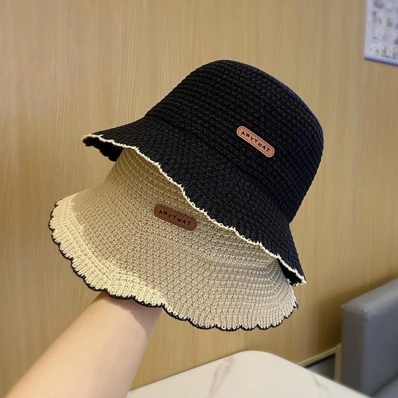 French Wavy Edge Knit Bucket Hat Summer Fashion Breathable Foldable Outdoor Sun Hat