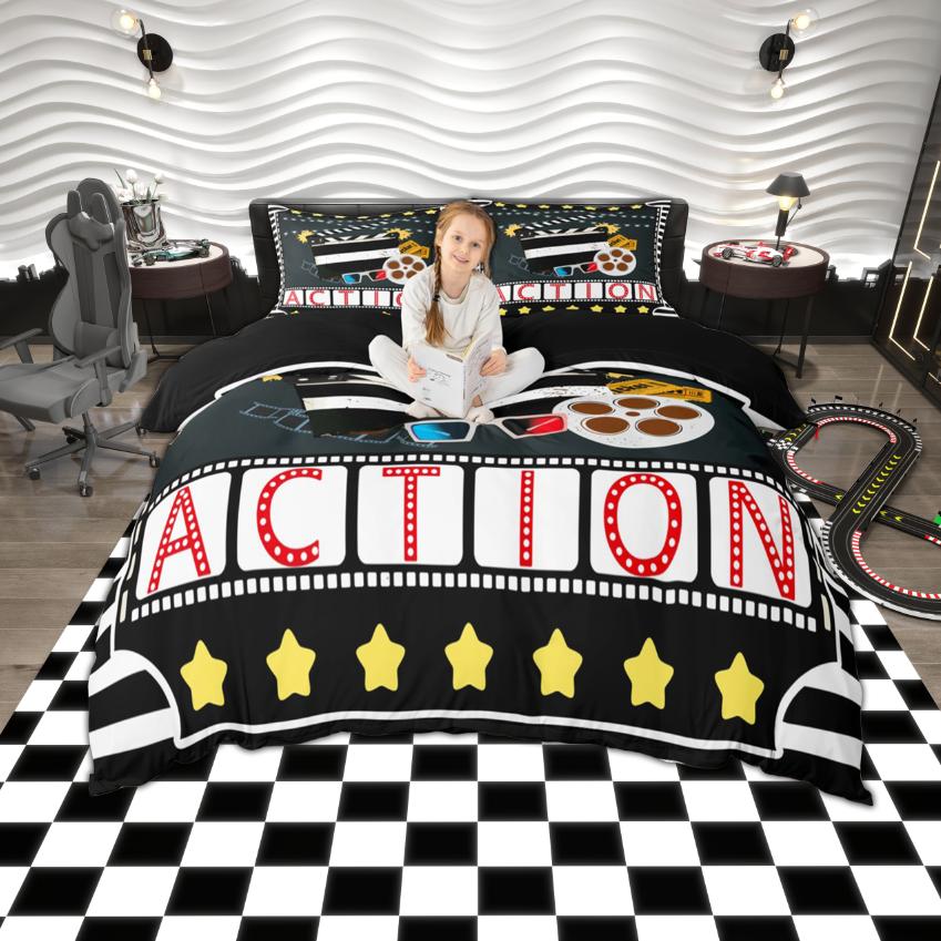 Conjunto de Capa de Edredom Homewish Vintage Cinema, Conjunto de Cama com Estampa Movie Tine, Conjunto Retro de Pipoca para Quarto de Filme, Decoração de Quarto