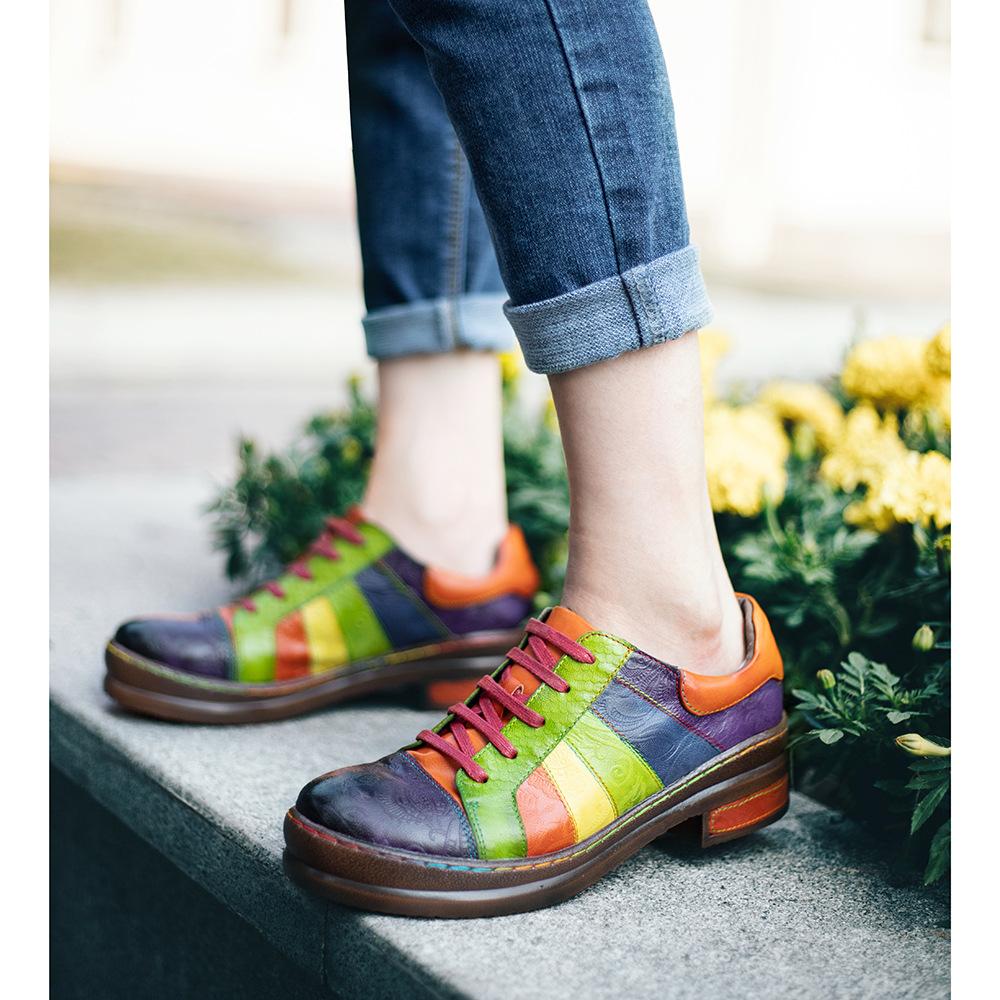 Fashion GKTINOO Genuine Leather Mixed Colors Luxury Designer Women Shoes Sheepskin Low Heel Pumps Lace Up Ladies Shoes Plus Size
