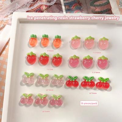10Pcs Resin Mini Cherry Strawberry Nail Art Flat Back Stone Figurines Scrapbook Diy Jewelry Decor Crafts
