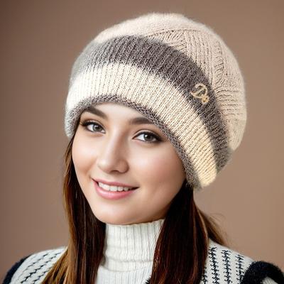 Wollmütze, Damen-Flormütze, dicke, doppellagige, warme Strickmütze für Herbst und Winter