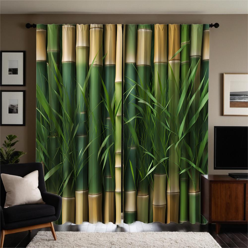 2-piece Set of High-definition Digital Printed Curtainbamboo Green Natural Style Curtain for Cross Border E commerceHome Decorat