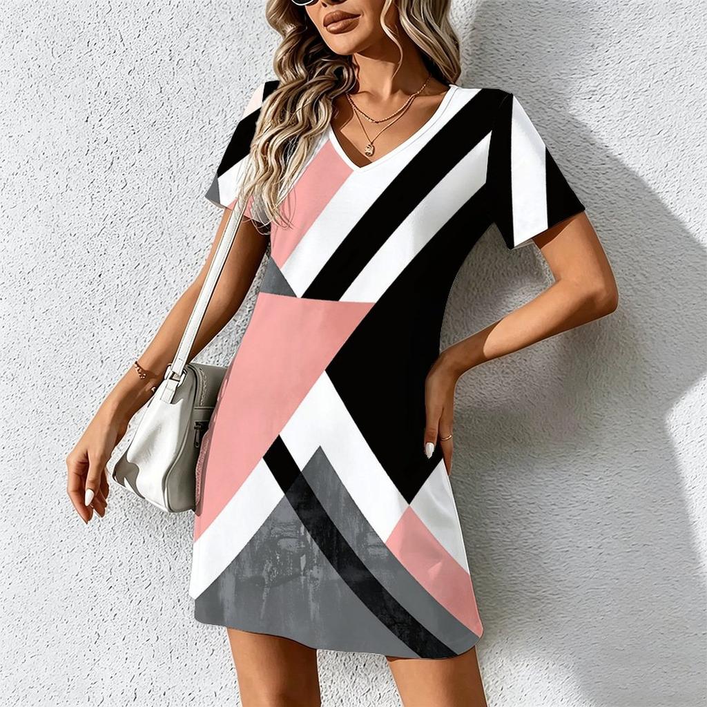 Mode d'été pour femmes Robe à col en V à manches courtes avec imprimé géométrique rétro Jupe courte sexy Robes