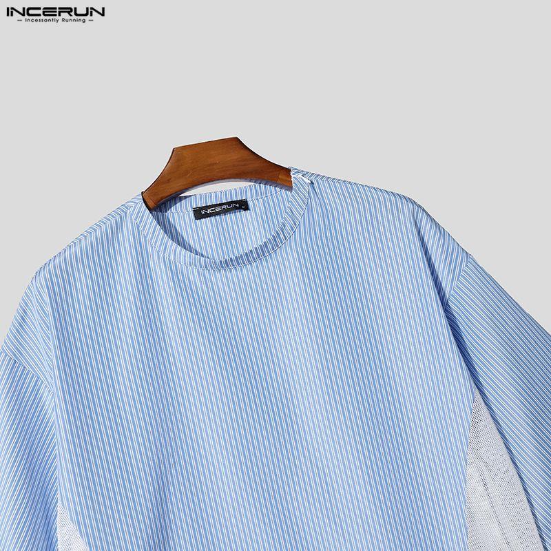 INCERUN Two Pieces Summer Men O Neck Striped Hollow Patchwork Short Sleeve Tops and Shorts Sets