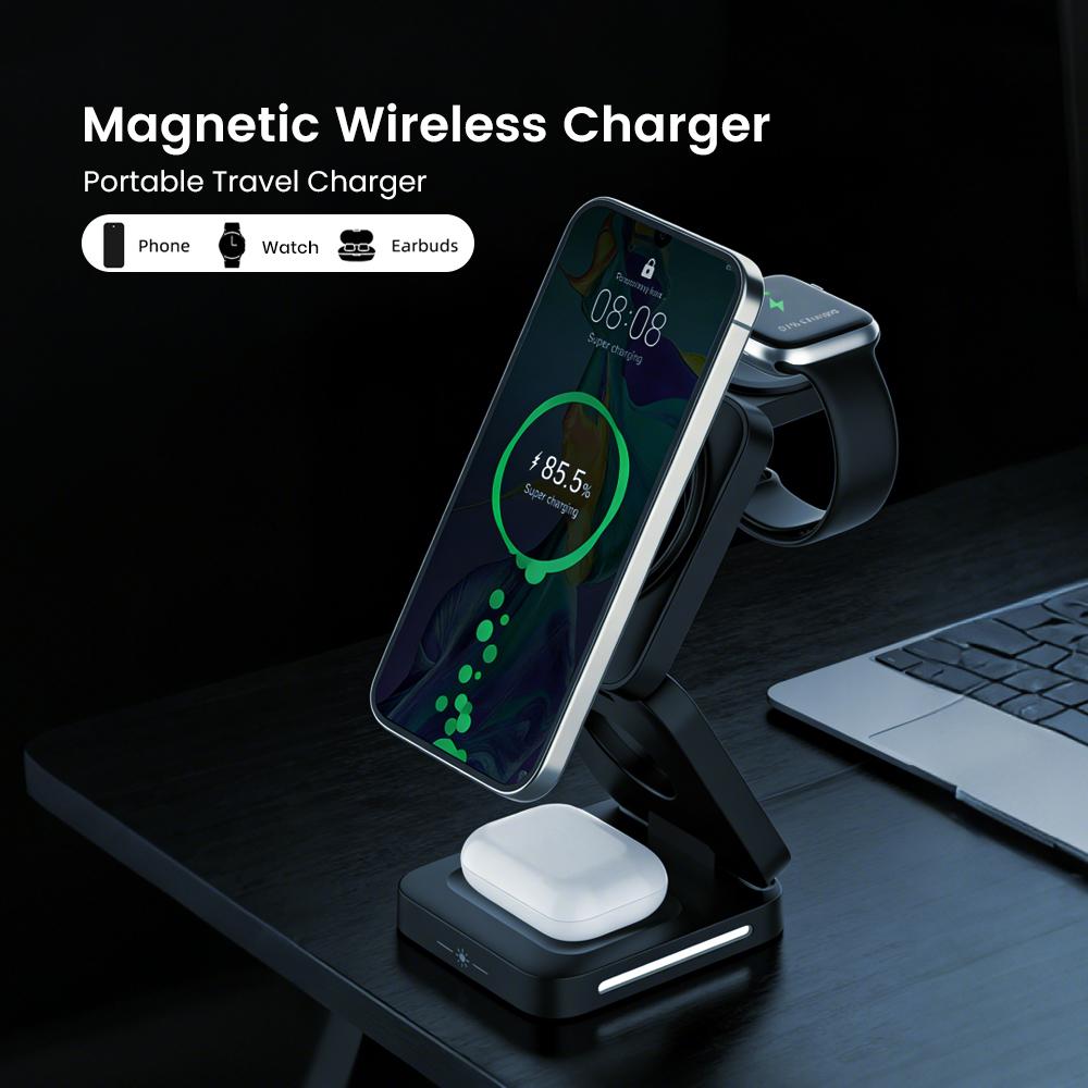 Portable Design Pocket Size Multi-functional  15W 3-in-1 Magnetic Wireless Fast Charging Station for Phone Watch Earbuds