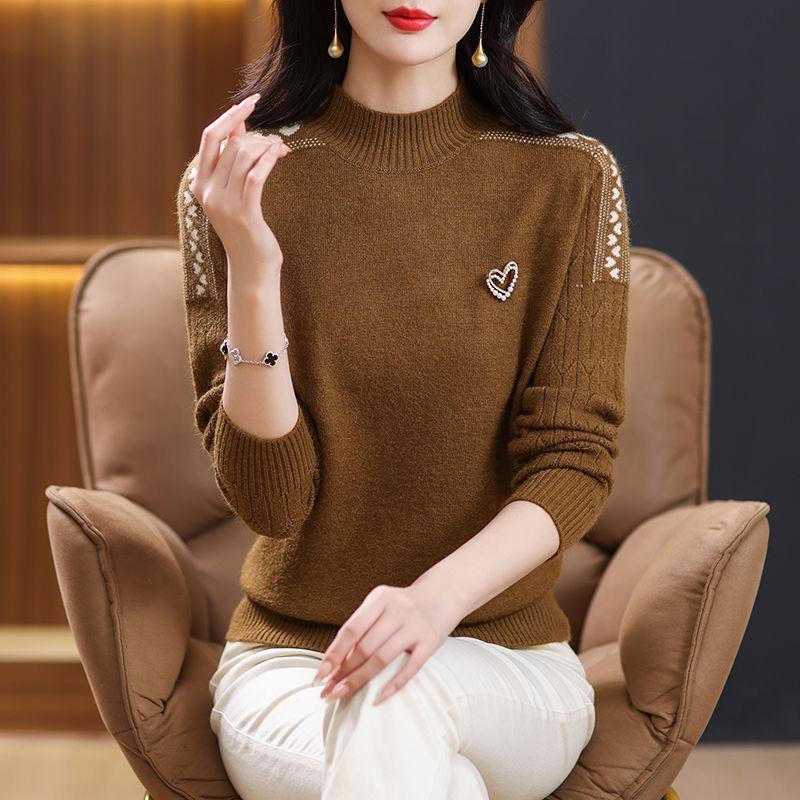 Half Turtleneck Sweater Solid-color Fashionable Knitted Sweater for Women Loose Long-sleeved Casual Pullover Autumn and Winter