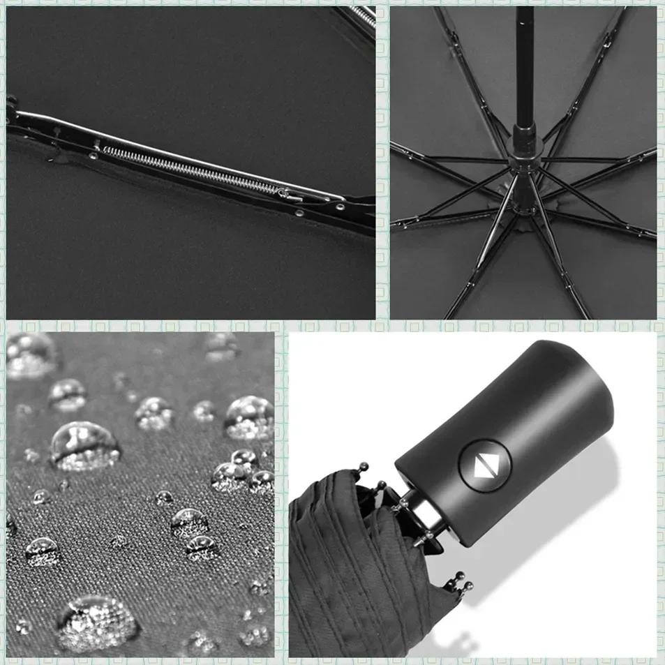Automatic Rain & Sun Umbrella Black Coating Parasol Anti-UV 3 Folding Wind Resistant Auto Luxury Big Windproof Women Men 8Ribs