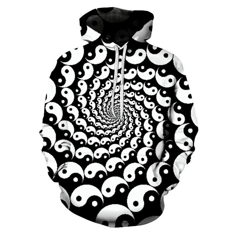 Unisex Oversized Hoodie With Black White Abstract Spiral 3D Digital Print Loose Fit Casual Wear