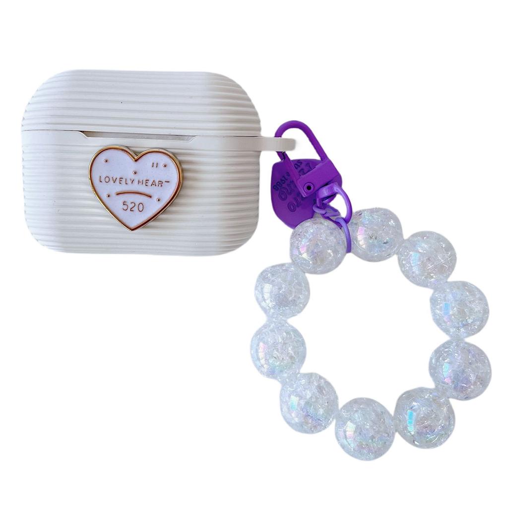 New Apple Silicone Horizontal Stripe Earphone Case Small Fresh Hand Beads + Silicone AirPods Pro1 Love + Hand Beads