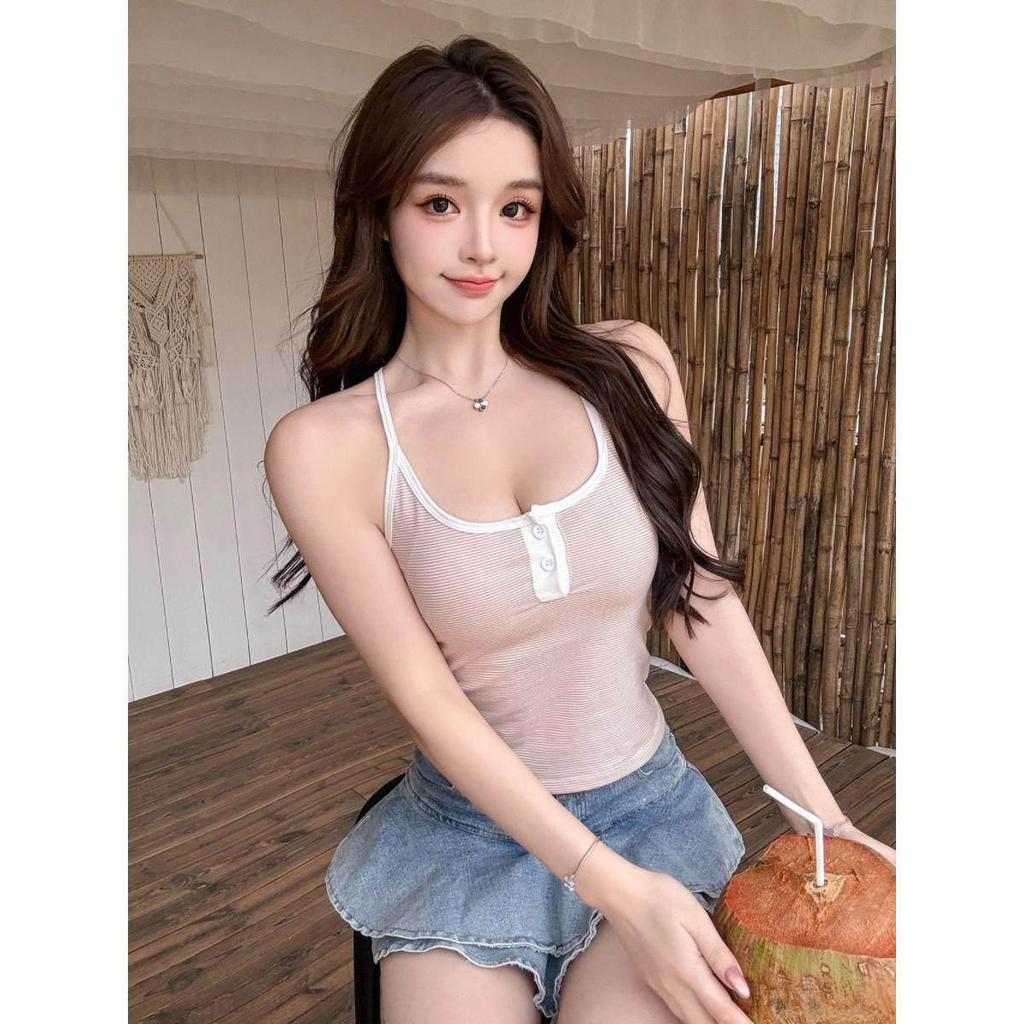 Spring/Summer Korean Slimming Striped Color Block U-Neck Backless Camisole for Women