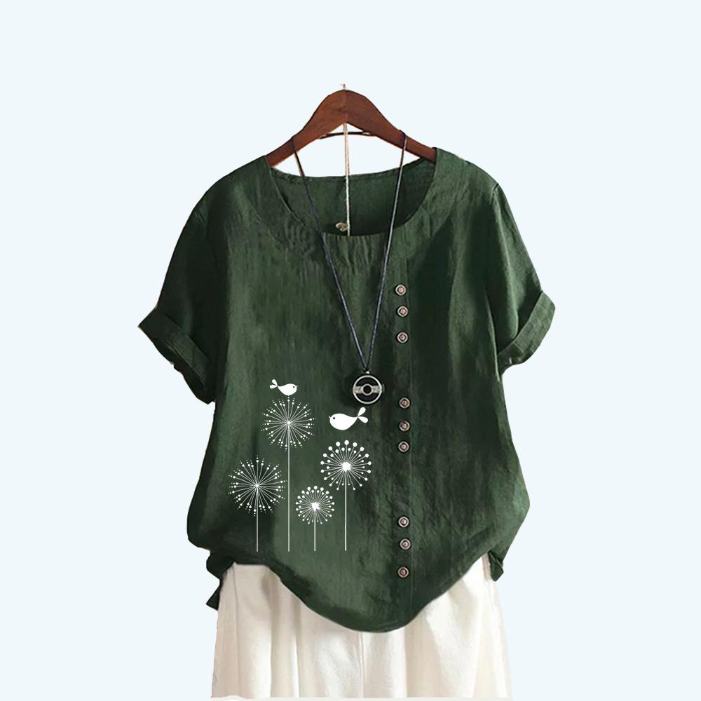 Women Fashion Floral Print Short Sleeve T-shirt Summer Casual Round Collar Cotton Linen Top Pullover Loose Blouses