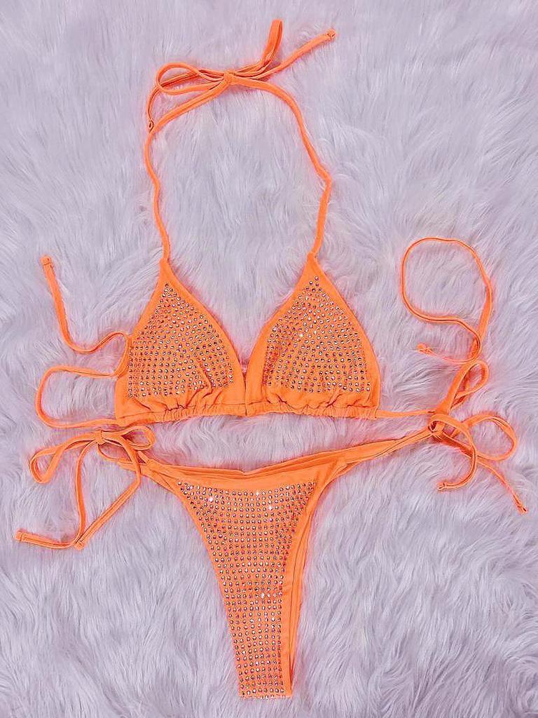 2023 European & American Sexy Rhinestone Strappy Bikini Set - Solid Color Beach Vacation Women's Swimwear