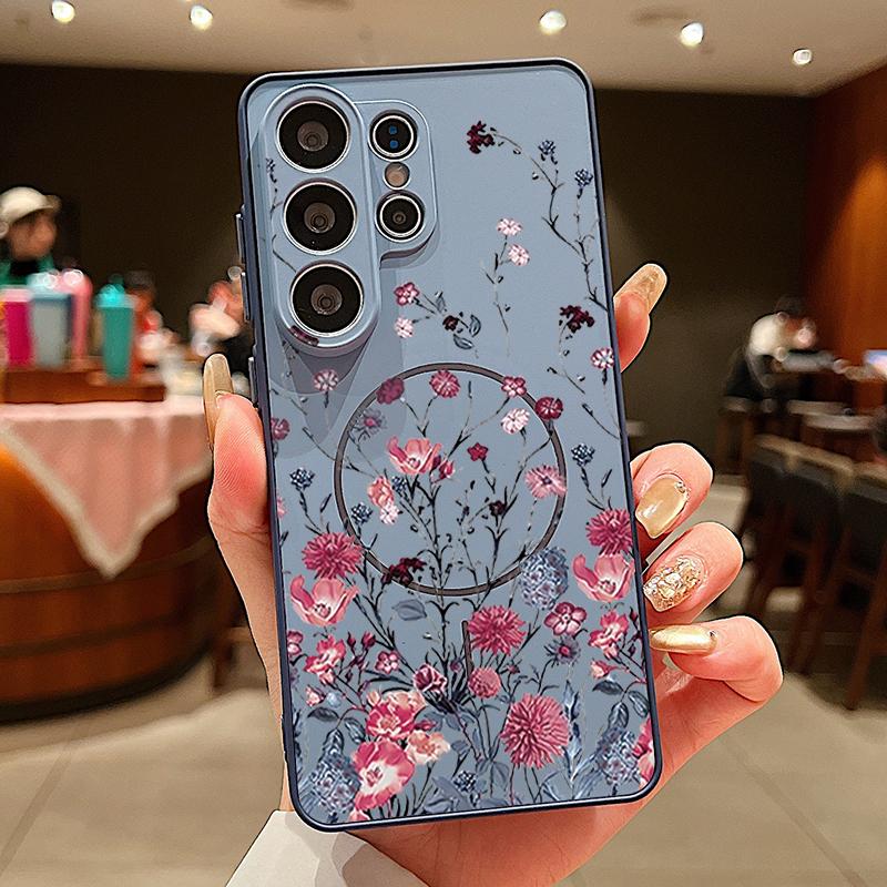 Retro Hot Pink Flower Pattern Case For Samsung Galaxy S26 Ultra S25 Edge S24 Plus S23 FE S22 A54 A55 A56 5G Magnetic For Magsafe Matte Cover