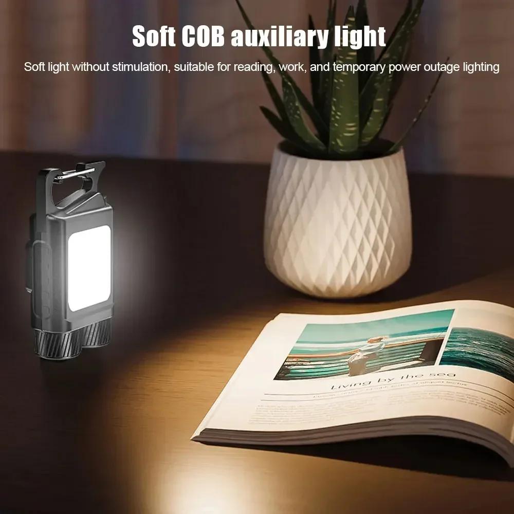 Portable COB Mini Keychain Light Type-C Rechargeable Work Light Outdoor Camping Hiking Light Bottle Opener Screw Flashlight