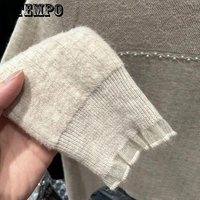 Tricotaj din dantelă Pulover pentru femei de pluș integrat, subțire, cu jumătate de gât înalt, pulover îngroșat, decorare cu perle, pulover de tragere, toamnă iarnă