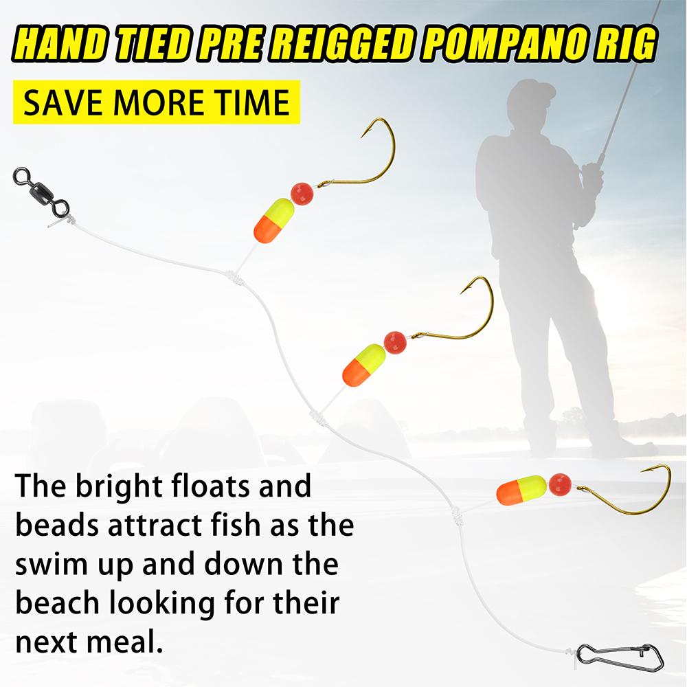 1Pack Saltwater Pompano Rigs for Surf Fishing Three Drops Pompano Rigs with Barrel Swivel Hook Floats Duo Lock Snap and Beads