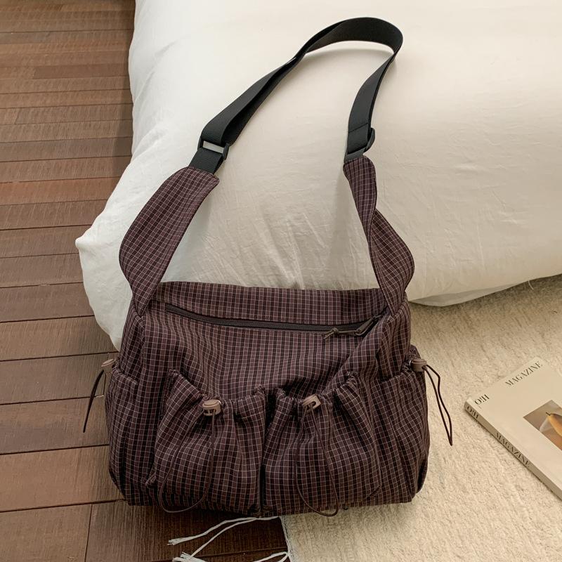 Stylish Plaid Shoulder Bag Korean Minimalist Tote Bag Casual Pleated Adjustable Crossbody Bag Zipper Handbag Fashi Canvas Bag