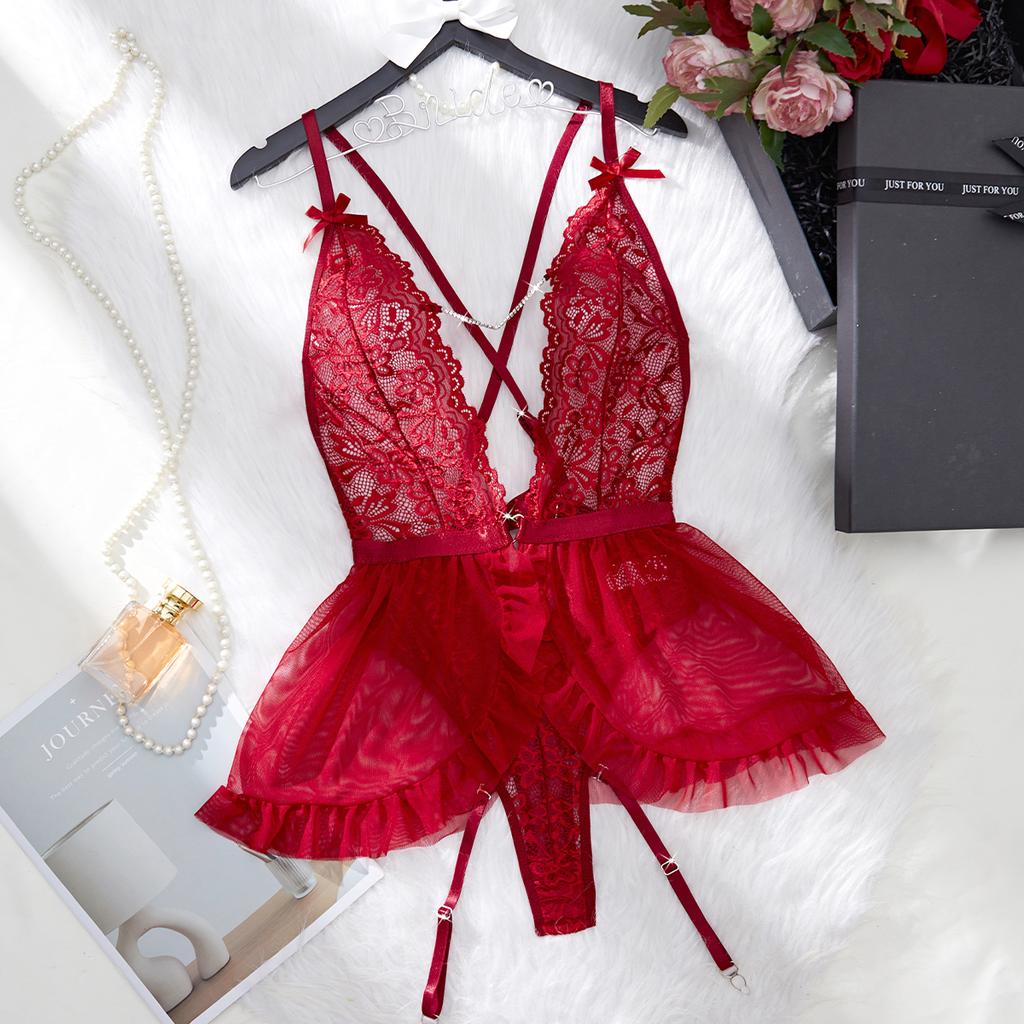 Ruffled Splicing Lace Mesh Chain Sexy Lingerie Transparent Backless Shapewear One-Piece Women's Underwear Sets Erotic Pyjamas