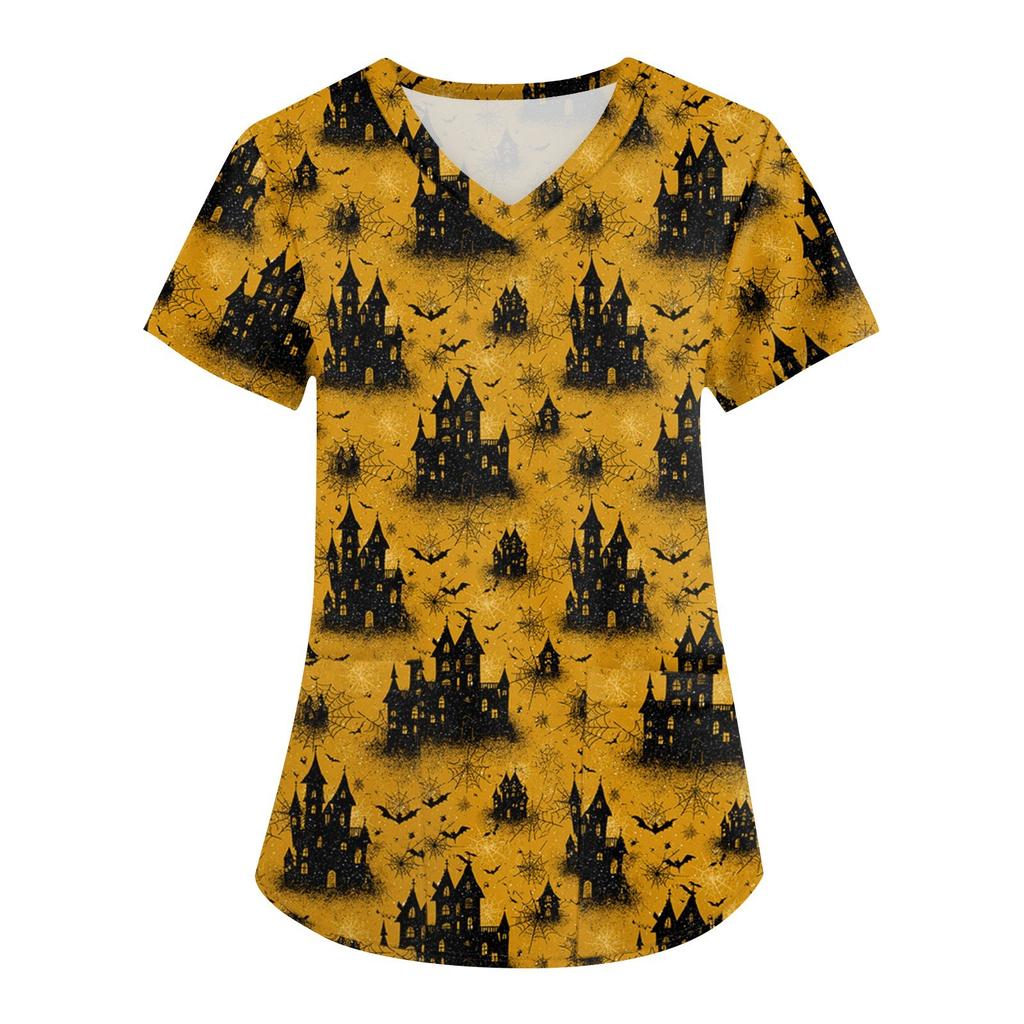 Women's Printing Uniform Work Uniform V-neck Pockets Basic Short Sleeve Pullover Top