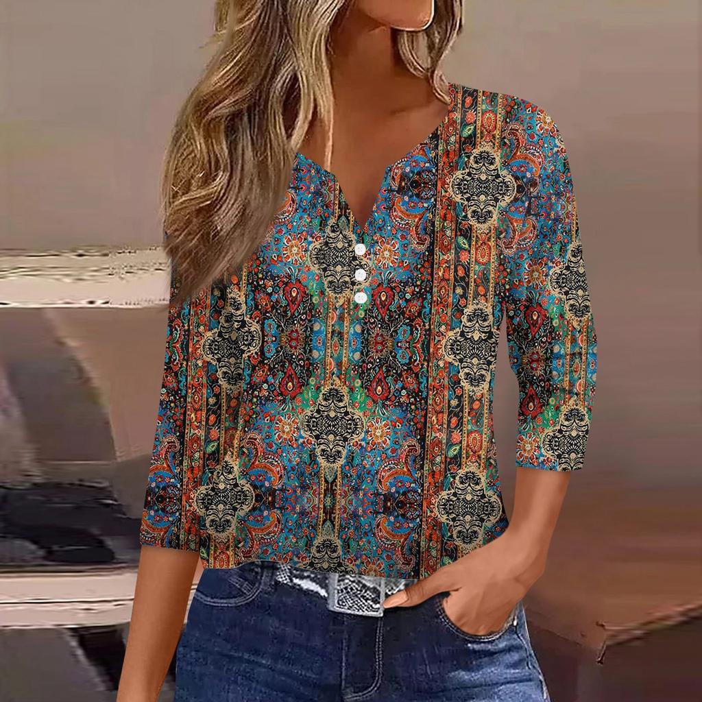 Damen-T-Shirt, T-Shirt, bedruckt, Knopfleiste, 3/4-Ärmel, tägliches Wochenende, modisch, Basic, V-Ausschnitt, normales Oberteil