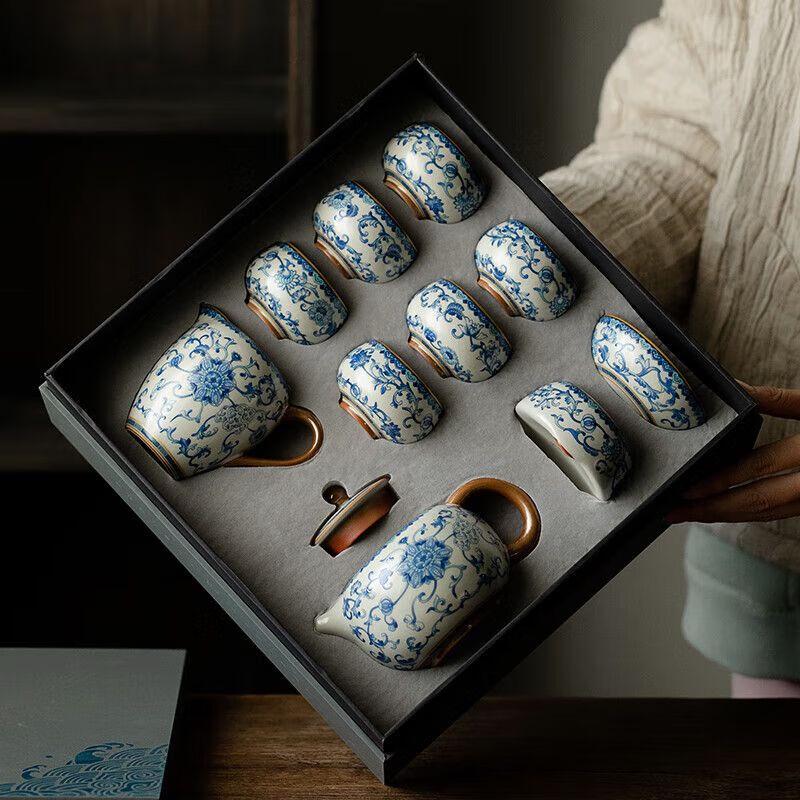 Ru Kiln Ceramic Kung Fu Tea Set with Enamel Design