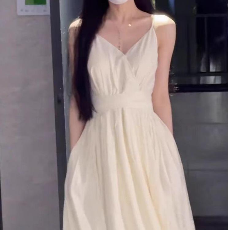 Coffee Break French Dress Children Summer Small Sweet Waist Thin Seaside Vacation Sleeveless Suspender Dress