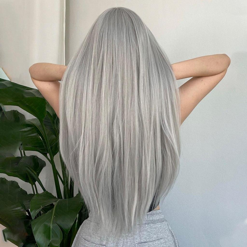 HAIRCUBE Silvery Grey Synthetic Straight Wig For Women Long Straight Gray Cosplay Wig With Bangs Daily Heat Resistant Fake Wigs