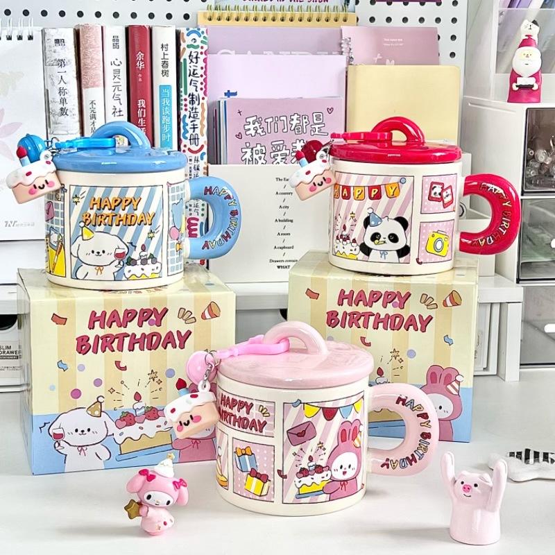 Cute cartoon mug girl gives girlfriend birthday gift puppy cake ceramic cup couple water cup with lid spoon