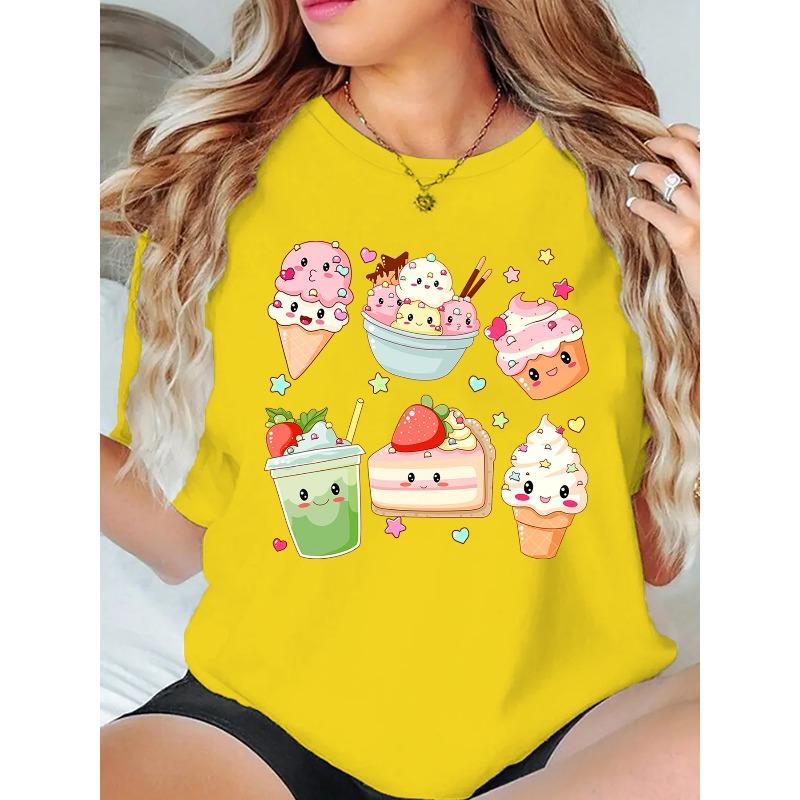 New Spring and Summer Round Neck Hoodie T-shirt Cute Dessert Cartoon Printed Pattern Round Neck Hoodie Women's T-shirt