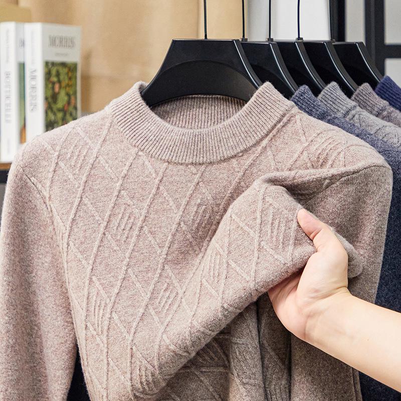 Men's 100% Wool Round Neck Winter Sweater, Casual Business Jacquard Knitwear