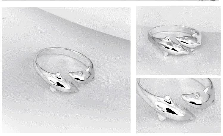 925 Silver Jewelry Open Happy Double Dolphin Love Rings For Women Party Gift Adjustable Ring Anillos Bague