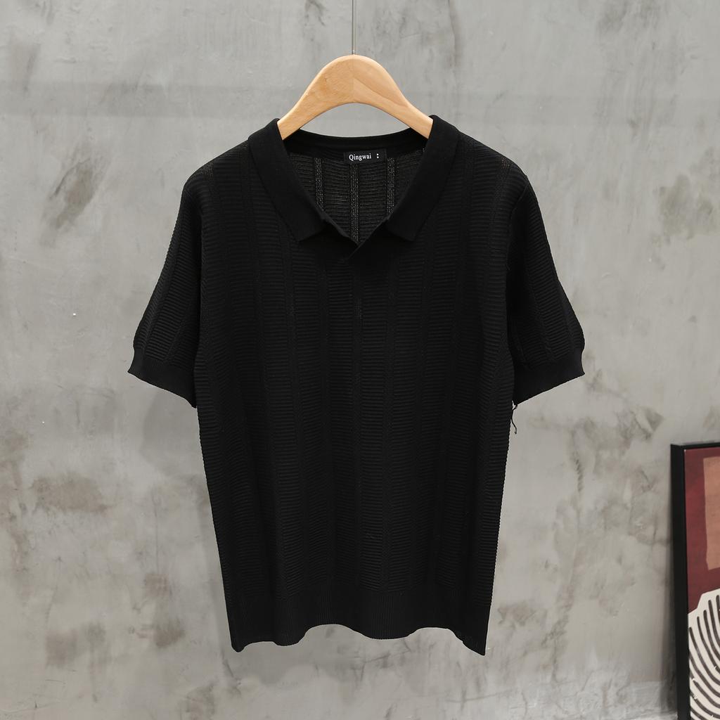 Summer Men's Business Casual Lapel Short Sleeve Knitted Solid Color POLO Shirt