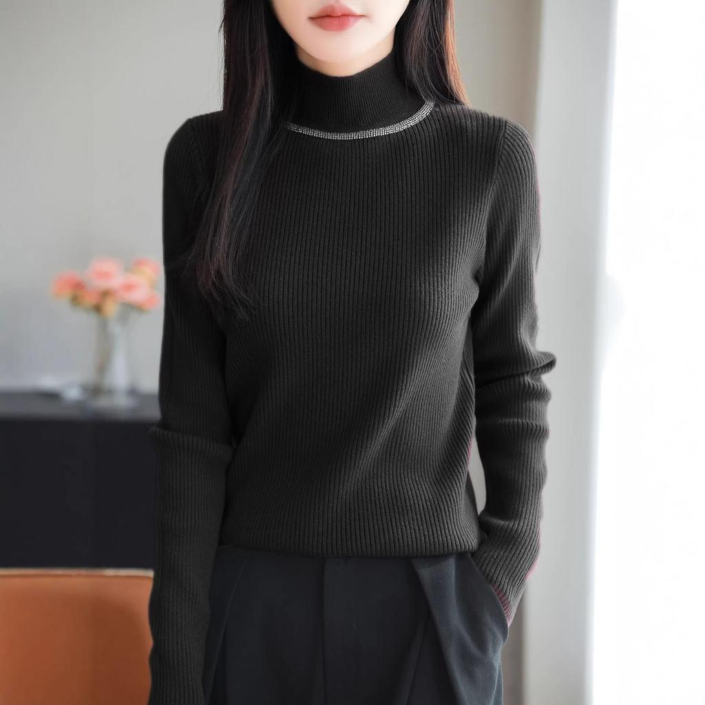 2026 Rhinestone High Neck Slim Fit Women's Knitwear Sweater - Chic Autumn Winter Base Layer