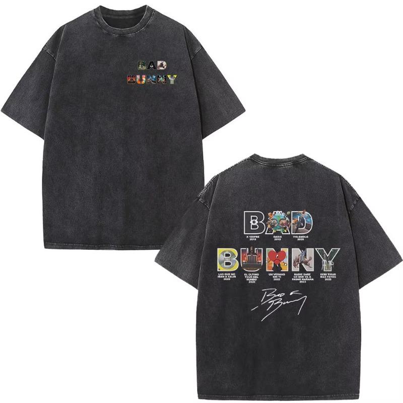 Rapper Bad Bunny Album Cover Washed Vintage T-shirt Debi Tirar Mas Fotos DTMF T Shirts Men Fashion Hip Hop Short Sleeve T-shirts